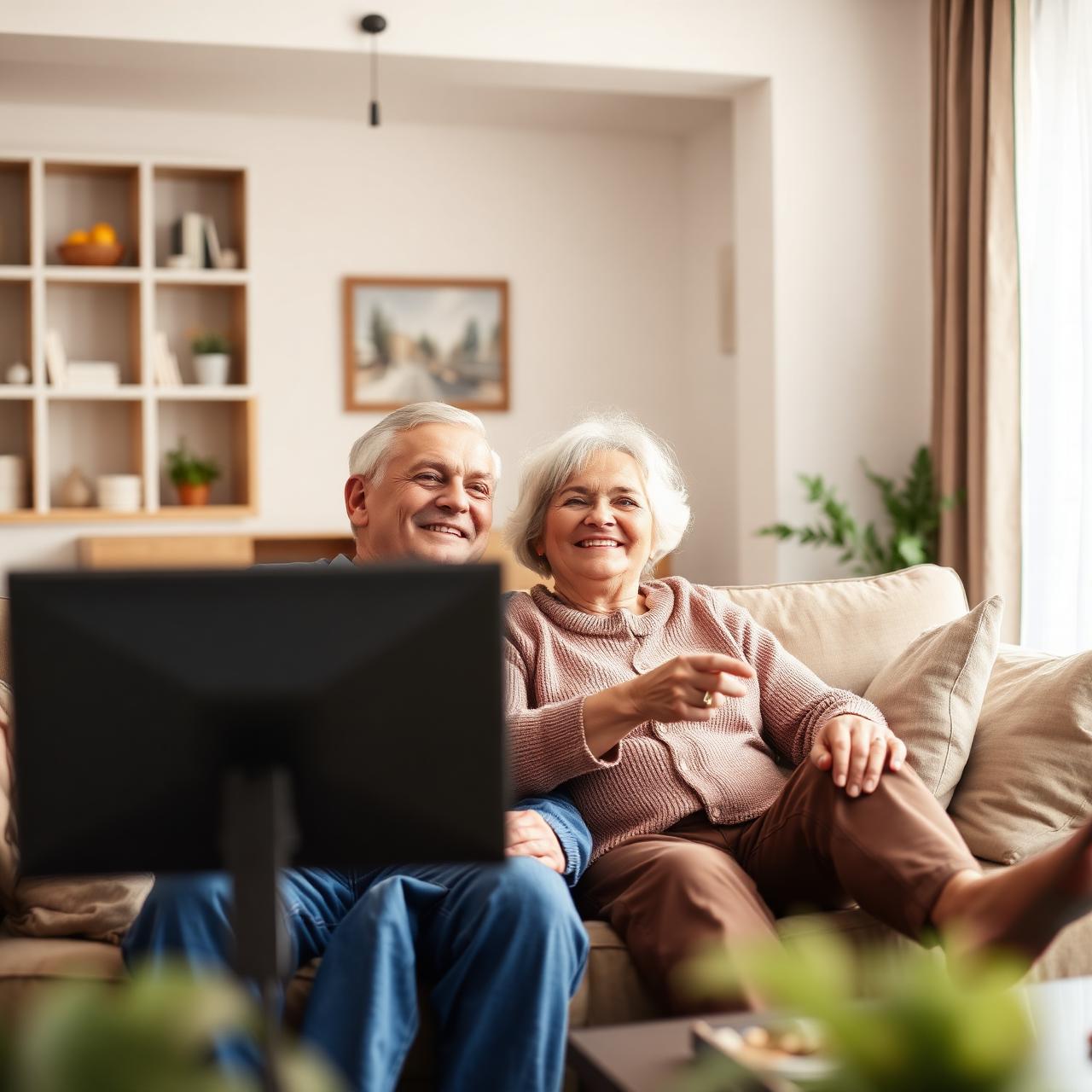 Elderly couple happily watching TV at home